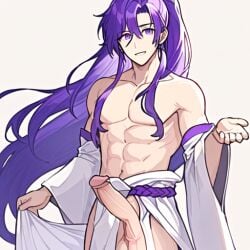 1boy abs ai_generated bara big_penis erection functionally_nude gakupo_kamui hair_covering_nipples holding_out_hand japanese_clothes large_penis long_hair looking_at_viewer male_only mature_male muscular pixai ponytail purple_belt purple_eyes purple_hair robe rope_belt simple_background smiling solo_male vocaloid white_background white_robe