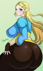 1girls angelgunk ass ass ass_focus big_ass big_breasts big_butt blonde_hair breasts breath_of_the_wild clothed clothing female female_only fingerless_gloves gloves green_eyes kneeling large_ass long_hair looking_at_viewer looking_back nintendo pointy_ears princess_zelda simple_background smile solo solo_female the_legend_of_zelda voluptuous zelda_(breath_of_the_wild)