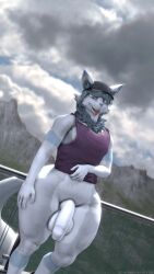 anthro canid canine clothed clothing clothing_lift fox genitals gesture hat headgear headwear hi_res looking_at_viewer male mammal ok_bruh pantsless penis shirt shirt_lift solo suggestive suggestive_gesture tank_top thick_thighs tongue topwear vicente_(okbruh)