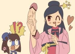 !? 2girls asian asian_female blue_hair blush_stickers brown_hair censored china_(countryhumans) clothing cocomooooochi countryhumans countryhumans_girl dildo double_dildo drooling female female_only hair_flower hair_ornament heart hearts holding_dildo humanized kimono long_hair mouth_drool one_eye_closed only_female pink_clothing pointing red_eyes sex_toy shocked shocked_expression simple simple_background taiwan_(countryhumans) veiny_dildo white_background