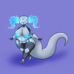 2021 absurd_res anthro areola belly big_breasts big_tail black_body blue_areola blue_body blue_nipples breasts bugzilla claws female genitals glowing glowing_areola glowing_nipples grey_body grey_tail hi_res k1-s5_(tbkaltoria) long_tail machine markings navel nipples pussy robot slightly_chubby solo tail thick_tail thick_thighs wide_hips