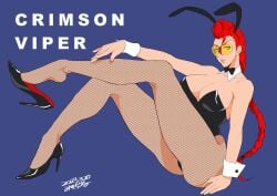 1girls breasts bunny_ears bunnysuit crimson_viper detached_sleeves feet high_heels looking_at_viewer orange-tinted_eyewear posing red_hair sitting straight_hair street_fighter sunglasses tinted_eyewear very_long_hair