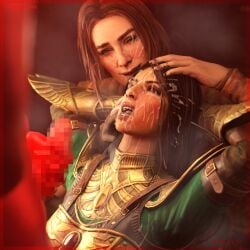 black_hair brown_hair brown_skin cum_on_face cumshot demon diablo diablo_2 facial female flavie_(diablo) holding_head long_hair male ponytail poseidonx red_skin sorceress_(diablo) threesome