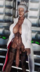 3d abs big_breasts big_penis brandy_(insxsni) dark_skin elf futanari insxsni muscular skyrim solo tagme tattoo the_elder_scrolls white_eyes white_hair