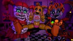 3d 3d_(artwork) animatronic baby_(fnafsl) bib blue_hair breasts canon_appearance circus_baby circus_baby_(fnaf) circus_baby_(original) clown detailed_background exposed_breasts feet female five_nights_at_freddy's five_nights_at_freddy's:_sister_location five_nights_at_freddy's_2 foot_focus freddy_fazbear's_pizzeria_simulator full_color fully_clothed glowing glowing_eyes green_eyes high_resolution highres huge_ass huge_breasts huge_thighs legs_spread makeup no_penetration orange_hair pale_skin panties peace_sign pink_panties red_hair robot robot_girl rosy_cheeks scrap_baby scrap_baby_(fnaf) sfm skirt smile source_filmmaker spread_legs thick_thighs toy_chica_(fnaf) trishsfm white_eyes yellow_body yellow_hair