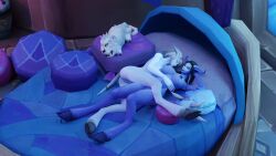 2girls 3d blizzard_entertainment draenei elly_(draenei) huge_breasts hugging morilymory mory nude_female sleeping thick_thighs warcraft world_of_warcraft yuri