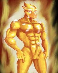 5_fingers abs anthro avian balls beak biceps bird brawl_stars crow_(brawl_stars) cum_on_body erect_penis erection gold_eyes gold_feathers golden_eyes looking_at_viewer male male_only muscles muscular muscular_male mythological_bird mythological_firebird nielon_saberton nude nude_male penis phoenix_crow solo solo_focus solo_male standing supercell