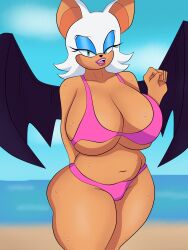 1girls beach belly big_breasts bikini bikini_bottom bikini_top blueartfiend breasts furry huge_breasts rouge_the_bat sonic_(series) sonic_the_hedgehog_(series) thick_thighs thighs wet_body