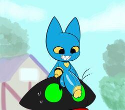 adorabat anthro balls bat big_penis black_body black_eyes blue_body cartoon_network dizzytizzy domestic_cat duo felid feline felis ftm_crossgender genderswap_(ftm) genitals green_sclera half-erect hi_res looking_at_genitalia looking_at_penis male male/male mammal mao_mao:_heroes_of_pure_heart nude pegleg penis rule_63 sheriff_mao_mao_mao sitting sitting_on_head smile yellow_sclera