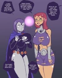 2girls breast_expansion dc english_text female female_only hypnosis large_breasts mind_control multiple_girls pre-transformation rachel_roth raven_(dc) ripped_clothing shishikasama starfire text transformation