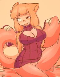 2015 anthro bangs big_breasts biped blush bottomless breasts cleavage cleavage_cutout clothed clothing digital_media_(artwork) eyelashes facial_blush female genitals goo_creature goo_pool goomi_(sineatta) hair hi_res long_hair looking_at_viewer one_eye_closed pink_nose pussy shaded solo sweater tail tongue tongue_out topwear wink winking_at_viewer zyira