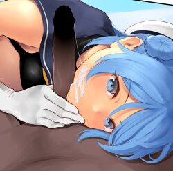 1boy 1girls blue_eyes blue_hair censored cum dark-skinned_male dark_skin facial fellatio female gloves hair_bun kantai_collection light-skinned_female light_skin looking_at_viewer oral penis sailor_collar urakaze_(kantai_collection) wa_(genryusui) white_gloves white_headwear