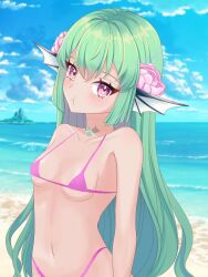 1girls bare_midriff bare_shoulders beach beach_background belly_button bikini exposed_shoulders exposed_torso finana_ryugu flowers flowers_in_hair green_hair head_fins hi_res highres light_blush looking_at_viewer micro_bikini midriff miwapeito navel nijisanji nijisanji_en ocean pink_bikini pout purple_eyes sea small_breasts solo solo_female solo_focus swimsuit swimwear virtual_youtuber