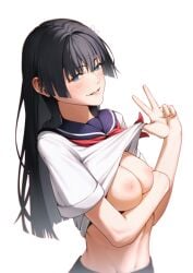 1girls 2020s 2023 aqua_eyes arm_under_breasts big_breasts black_hair blush breast_hold breasts busty female female_only large_breasts long_hair navel nipples no_bra parted_lips presenting presenting_breasts sailor_uniform saten_ruiko school_uniform schoolgirl smile solo tamamoice teenage_girl teenager to_aru_kagaku_no_railgun to_aru_majutsu_no_index underwear v young