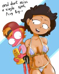 1boy 1boy1girl 1girls amphibia asian_female big_breasts bikini brown_hair busty cleavage dark-skinned_female disney disney_channel english_text female interspecies legs milf mother mrs._boonchuy navel older_female older_woman_and_younger_boy oum_boonchuy smile sprig_plantar straight_hair text thai thighs voluptuous younger_male