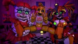 3d 3d_(artwork) animatronic baby_(fnafsl) bib blue_hair breasts canon_appearance circus_baby circus_baby_(fnaf) circus_baby_(original) clown cosmic_trance detailed_background exposed_breasts female five_nights_at_freddy's five_nights_at_freddy's:_sister_location five_nights_at_freddy's_2 freddy_fazbear's_pizzeria_simulator full_color fully_clothed glowing glowing_eyes green_eyes high_resolution highres huge_ass huge_breasts huge_thighs legs_spread makeup no_penetration orange_hair pale_skin panties peace_sign pink_panties red_hair robot robot_girl rosy_cheeks scrap_baby scrap_baby_(cosmic_trance) scrap_baby_(fnaf) scrap_baby_(rckke) sfm skirt smile source_filmmaker spread_legs thick_thighs toy_chica_(fnaf) trishsfm white_eyes yellow_body yellow_hair