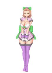 boots breast_press brown_hair eden_crest green_ribbons gym_leader kainkout purple_boots purple_clothes shiny_hair shiny_skin short_hair thigh_boots white_gloves