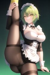 ai_generated black_stockings cute embarrassed french_maid green_hair hikage_(senran_kagura) stockings sweet yellow_eyes