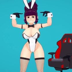 3d animal_ears animated arcade_stick armpits beehive_hairdo blue_background blunt_bangs bouncing_breasts bow breasts bunny_ears bunny_girl bunnysuit cleavage clothing command_grab dancing detached_collar detached_sleeves female fishnets gamer_chair gamer_girl hat headwear huge_breasts jiggle joystick large_breasts legs light-skinned light-skinned_female light_skin looking_at_viewer navel no_sound nopan pointing_at_self purple_hair sidelocks simple_background smile smug tagme taunting teeth thick_thighs thighs tied_hair valperopero video wide_hips