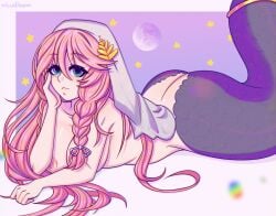 1girls blue_eyes female female_only lamia looking_at_viewer lying lying_on_stomach monster_girl nude pink_hair snake snake_girl twintails velvetbunn