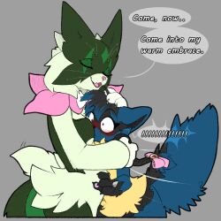 2022 2girls blue_fur blue_hair blush breasts cajunfoxnight canine claws closed_eyes comic cute cute_fang english english_text feline female female_only fluffy_ears furry furry_only generation_4_pokemon generation_9_pokemon green_body green_fur grey_fur grey_hair head_between_breasts hug lucario meowscarada multicolored_body multicolored_fur multicolored_hair pawpads paws pokémon_(species) pokemon pokemon_(species) pokemon_dppt pokemon_sv purple_eyes shocked_expression small_breasts whiskers wholesome yellow_fur yuri