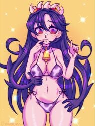 1girls @_@ bell bell_collar belly_button big_breasts blush breasts cow_print cowbell female female_only filia_(skullgirls) looking_down nipple_bulge nipples_visible_through_clothing purple_hair red_eyes samson_(skullgirls) shy skullgirls standing timid velvetbunn