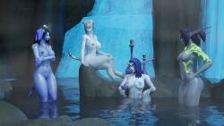 3d 4girls bathing blizzard_entertainment demon_hunter draenei elly_(draenei) female female_only huge_breasts idil morilymory mory night_elf semina tattoo thick_thighs warcraft world_of_warcraft