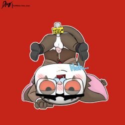 aggressive_retsuko anthro ass_up blush bodily_fluids bushbaby clothing cum diam_snow dress_shirt eyewear genital_fluids glasses hi_res leaking_cum male masuo_ikari pantsless sanrio shirt smooth_fur solo topwear toy_in_ass upside-down