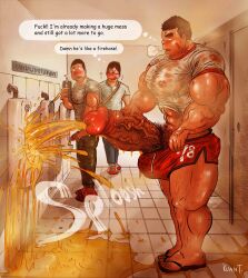 balls bara bathroom big_balls big_penis boner erection excessive_urine huge_balls huge_cock kuan_t male male_only muscles muscular musk peeing penis penis_out public public_restroom shorts size_difference smelly speech_bubble sweat_stain sweaty urination urine