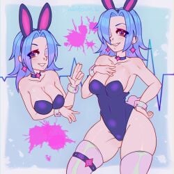 1girls bandage blue_hair breasts bunny_ears bunnysuit choker earrings eye_patch female female_only hand_on_breast looking_at_viewer purple_eyes skullgirls stockings thighs valentine_(skullgirls) velvetbunn