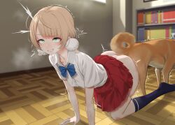 ass_to_ass black_socks blonde_hair blue_bow bookshelf bow canine canine_on_human classroom clothed_female clothed_sex dominant_feral female female_human female_human/male_feral female_on_feral femsub gishu green_eyes hair_bobbles hair_ornament highres human indie_virtual_youtuber interspecies knotting male male/female male_canine maledom paid_reward_available panties panty_pull public_bestiality public_sex red_skirt school sex shigure_ui_(vtuber) shirt short_hair skirt socks solo tears trembling underwear vaginal_knotting vaginal_penetration virtual_youtuber white_shirt wooden_floor zoophilia