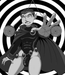 1boy 2019 beast_boy bulge coin commission crossdressing dc desire_arts digital_media_(artwork) hypnosis latex latex_leotard monochrome raven_(cosplay) six_pack