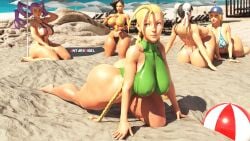 3d 3d_(artwork) all_fours antarxrigel beach beach_ball big_breasts bikini braid bubble_butt busty cammy_white cap capcom chun-li dat_ass deck_chair fat_ass females_only group hair_bun huge_ass human human_only kneeling large_ass laura_matsuda leotard long_hair looking_at_each_other looking_at_viewer lounge_chair lucia_morgan micro_bikini outside parasol rear_view rose_(street_fighter) sand sling_bikini straight_hair street_fighter street_fighter_v thick_thighs thong_bikini thong_leotard wide_hips