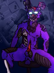 absurd_res anatomically_correct anatomically_correct_genitalia animatronic anthro balls beacon_bonnie_(fnaf) blue_eyes bow_tie cheek_tuft collar collar_only endoskeleton exposed_endoskeleton facial_tuft five_nights_at_freddy's five_nights_at_freddy's_vr:help_wanted fur furniture genitals glowing glowing_eyes hi_res lagomorph leporid lostinsomesauce machine male male_only mammal metal nipples nude open_mouth open_smile penile penis pupils purple_body purple_fur rabbit robot scottgames scut_tail short_tail simple_background sitting smile solo spread_legs spreading stool tail tuft white_pupils