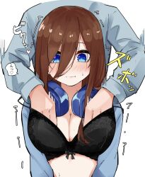 1boy 1girls artstyle_imitation black_bra blue_eyes blue_shirt blush bow bow_bra bra breast_grab breasts cleavage go-toubun_no_hanayome grabbing grabbing_from_behind groping groping_breasts groping_from_behind hair_between_eyes hand_in_another's_bra hand_in_bra hand_under_clothes headphones headphones_around_neck highres japanese_text large_breasts light-skinned_female light-skinned_male light_skin long_hair long_sleeves looking_down mame1645 moaning nakano_miku open_clothes open_shirt red_hair shirt speech_bubble translated uesugi_fuutarou underwear