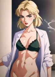 1girls ai_generated artist_request big_breasts blonde_hair bottomless bra breasts curvy dyed_hair earrings female functionally_nude gainax human labcoat large_breasts light-skinned_female light_skin lingerie lipstick looking_at_viewer mole_under_eye neon_genesis_evangelion ritsuko_akagi scientist short_hair smoke wide_hips