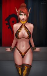 1girls blizzard_entertainment blood_elf collar horde_banner horde_symbol light-skinned_female light_skin original_character red_hair skimpy skimpy_clothes solo thighhighs triplehex warcraft world_of_warcraft zalynne