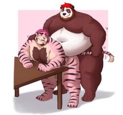 2022 anal anal_sex anthro bear beard belly belly_overhang belly_shelf bent_over_table big_belly body_hair broad_shoulders duo facial_hair facial_piercing felid from_behind_position genitals giant_panda hair hand_on_shoulder hi_res larger_male looking_back looking_back_at_another looking_back_at_partner lustyshu male male/male male_penetrated male_penetrating male_penetrating_male mammal moobs nude obese obese_male overweight overweight_male pantherine penetration penile penile_penetration penis piercing pink_body pink_hair red_hair sex shu_(justshu) size_difference smaller_male standing standing_sex striped_body stripes tail tail_pull tiger