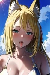 1girls ai_generated big_breasts bikini blonde_hair dungeon_ni_deai_wo_motomeru_no_wa_machigatteiru_darou_ka haruhime in_heat large_breasts open_mouth swimsuit tagme tongue tongue_out upper_body