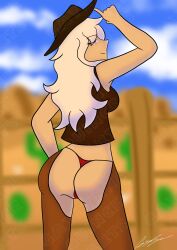 ass_focus assless_chaps cowgirl cowgirl_outfit original original_artwork original_character regina thong white_hair