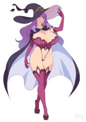 1girls artist_signature breasts cape cleavage dated female female_only hat hips huge_breasts large_hat light-skinned_female light_skin long_hair mostly_nude original original_character purple_hair sierra_peronica simple_background solo thick_thighs thighs wide_hips witch_hat zheng