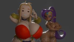 2girls 3d ass big_ass big_breasts blender blonde_hair blue_eyes breasts clothing crossover dark-skinned_female female female_only functionally_nude genie huge_breasts jealous jealous_female long_hair mob_face mrweirdworkz naked nude pointy_ears ponytail purple_hair savannahxyz shantae shantae_(character) skimpy stolen_clothes weirderworkz youtube