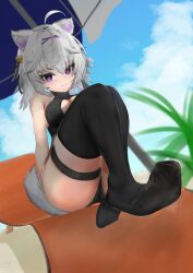 1girls animal_ear_fluff animal_ears beach boob_window breasts cat_ears cat_tail catgirl feet filian filian_(vtuber) foot_fetish footwear hair_ornament indie_virtual_youtuber kimuzukasipan2 leg_wrap legs looking_at_viewer purple_eyes short_hair silver_hair sitting smile smiling solo tail thighhighs thighs virtual_youtuber