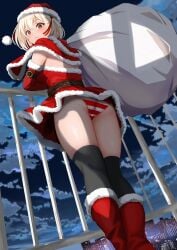 1girls ass blonde_hair female female_only fur_trim gibun_(sozoshu) looking_at_viewer looking_back looking_down lycoris_recoil night nishikigi_chisato outdoors panties red_eyes santa_costume santa_hat solo standing striped_panties thick_thighs thighhighs upskirt