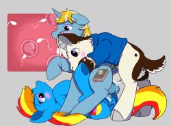 <3_eyes absurd_res anal anal_sex backgroundpony_f352 balls blonde_hair blue_body blue_fur blush bodily_fluids bovid brown_body brown_eyes brown_fur caprine clothing cum cum_in_ass cum_in_pussy cum_inside cutie_mark equid equine female feral from_behind_position fur gay genital_fluids genitals goat green_eyes group group_sex hair hasbro hazel_bloons_(character) heart heart-shaped_pupils hi_res hooves horn horse impregnation internal interspecies lying male male/female male/male mammal multicolored_hair my_little_pony nude on_back ovum penetration penis pony red_eyes sandwich_position sex simple_background sperm_cell sunamena sunny_dawn sweater threesome topwear trio unicorn vaginal_penetration white_body white_fur