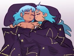 2futas after_sex astra_(hexanne) bed bedroom_sex blanket blue_eyes blue_hair casual_nudity cum cum_through_sheets futanari happy hexanne incest incest_(lore) looking_pleasured orgasm original_character penis sister_and_sister sisters sleeping star_(hexanne) wholesome