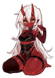 1girls akumi female female_only horns oni oni_female oni_horns red-skinned_female red_skin scars sitting solo virtual_youtuber vyugen white_hair woppu_(woppuru) yellow_eyes yellow_eyes_female