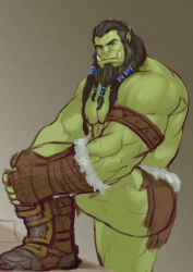 1boy bara barely_clothed beard black_hair blue_eyes boots braid facial_hair green_body green_skin male male_only muscle muscles muscular muscular_back muscular_male one_leg_up orc side_view solo solo_male thrall tusks world_of_warcraft ylnzei