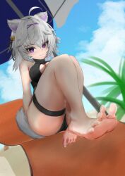 1girls animal_ear_fluff animal_ears bare_legs barefoot beach boob_window breasts cat_ears cat_tail catgirl feet filian filian_(vtuber) foot_fetish hair_ornament indie_virtual_youtuber kimuzukasipan2 leg_wrap legs looking_at_viewer purple_eyes short_hair silver_hair sitting smile smiling solo tail thighs virtual_youtuber