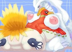 anthro anthrofied areola beak big_breasts black_sclera blue_eyes blush breasts claws duo fdokkaku feathers female female/female finger_claws fur generation_2_pokemon generation_5_pokemon genitals green_body green_feathers hi_res ho-oh huge_breasts legendary_pokemon lying multicolored_body multicolored_feathers nintendo nipples non-mammal_breasts nude on_front open_beak open_mouth overweight overweight_anthro overweight_female pink_areola pink_nipples pokemon pokemon_(species) pokemorph pupils pussy red_body red_eyes red_feathers reshiram sitting slit_pupils thick_thighs toe_claws white_body white_feathers white_fur yellow_body yellow_feathers